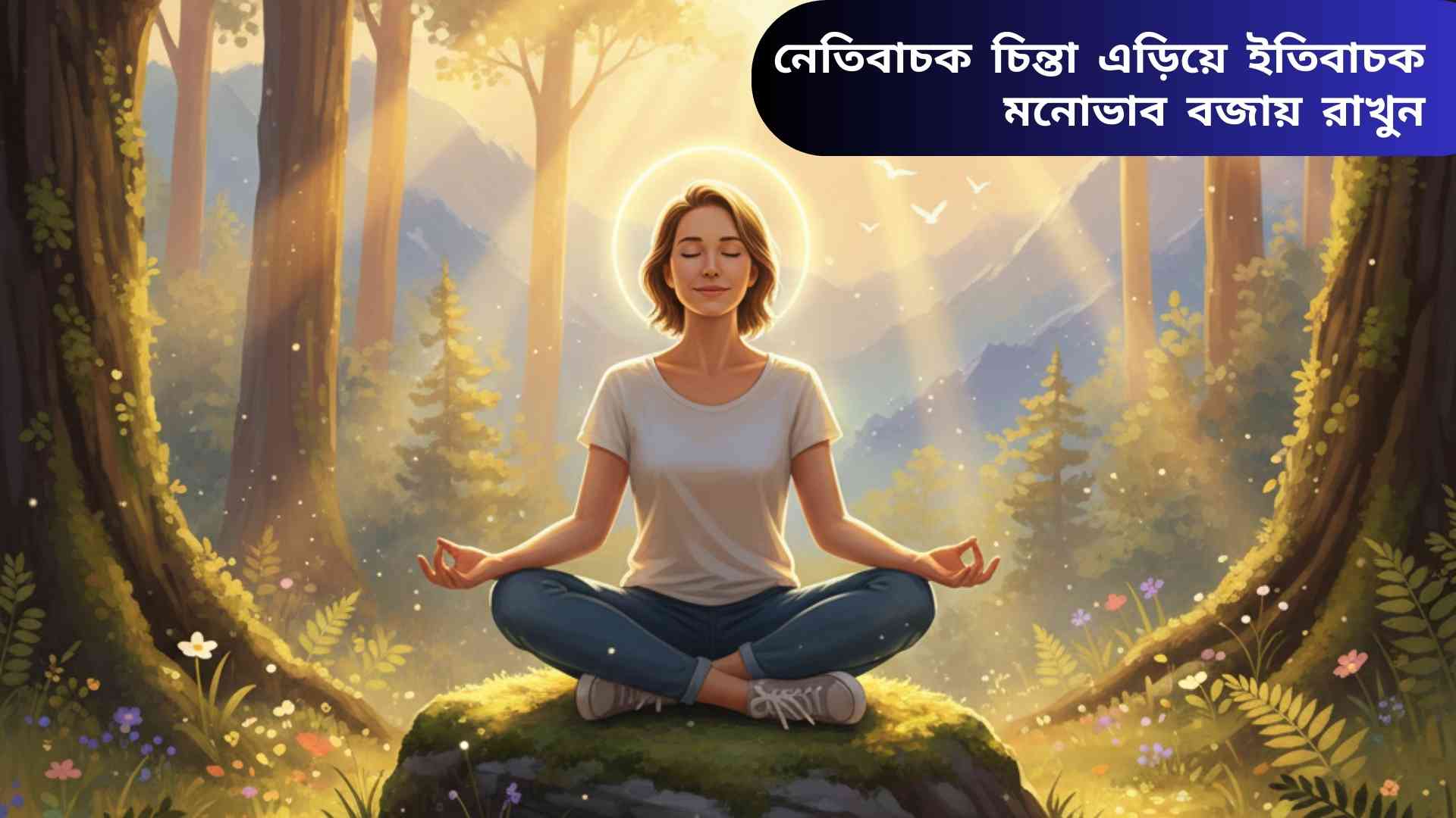 একজন ব্যক্তি শান্ত মনে হাসছেন, পিছনে সূর্যোদয় এবং প্রকৃতির দৃশ্য।