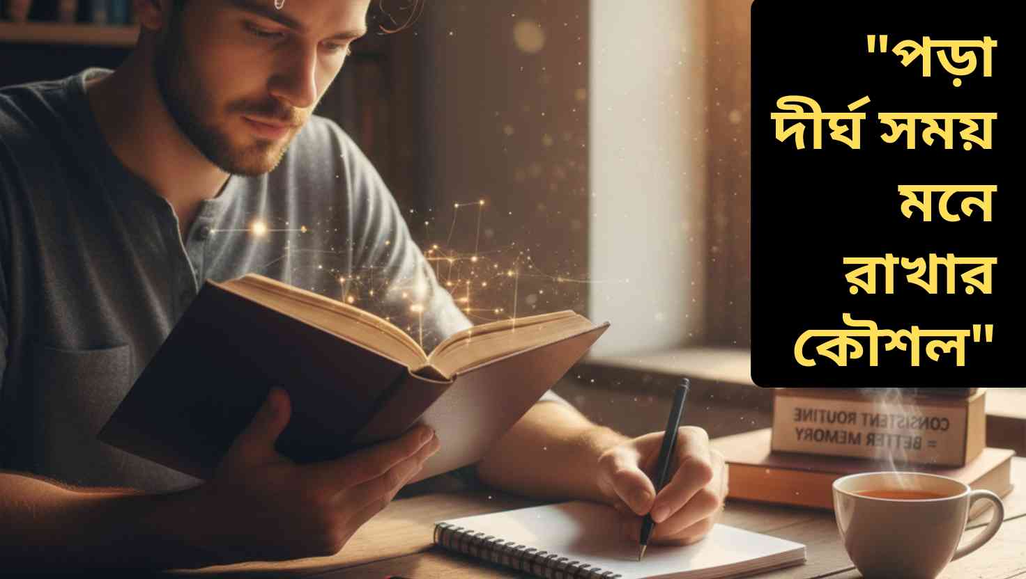একজন ব্যক্তি উজ্জ্বল ও আরামদায়ক ঘরে ডেস্কে বসে বই পড়ছে এবং রঙিন হাইলাইটার দিয়ে নোট নিচ্ছে, যা কার্যকরী পড়াশোনা ও স্মৃতি ধরে রাখার কৌশলকে প্রতিফলিত করে।