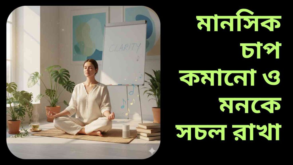 "একজন শান্তিপূর্ণ ব্যক্তি ম্যাটে পায় জোড়া করে বসে গভীর শ্বাস গ্রহণ করছেন, চারপাশে সবুজ গাছ, বই এবং সঙ্গীত নোট, মানসিক চাপ কমানো এবং মনকে সক্রিয় রাখার প্রতীক।"