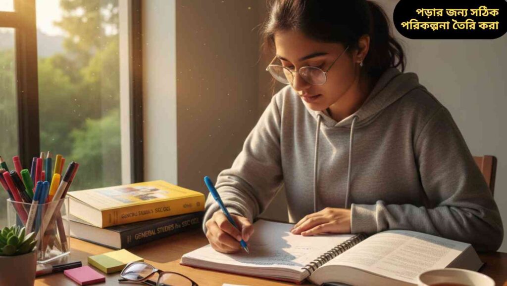 এসএসসি পরীক্ষার জন্য পড়াশোনার পরিকল্পনা করছে একটি শিক্ষার্থী, ডেস্কে বই, নোটবুক ও প্ল্যানার সহ।