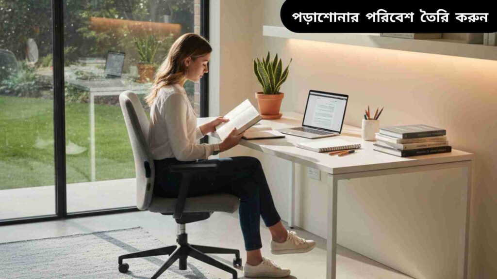 "একটি শান্ত ও সুবিন্যস্ত অধ্যয়নের স্থান যেখানে একজন ছাত্র পড়াশোনায় মনোযোগ দিচ্ছেন, যথাযথ আলো এবং আরামদায়ক চেয়ার সহ।"