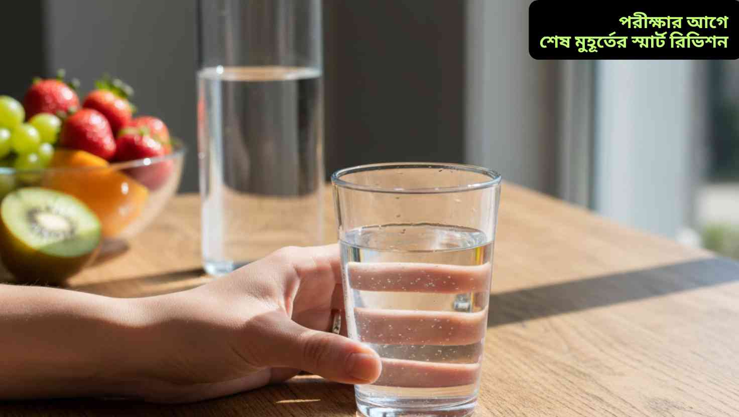 "একটি ছাত্র বা ছাত্রী ডেস্কে বসে বই এবং নোট নিয়ে পড়াশোনা করছে, পাশে ঘড়ি এবং পানি রাখার ব্যবস্থা, মনোযোগী ও প্রস্তুত চেহারা, শান্ত এবং সুসংগঠিত পড়াশোনার পরিবেশ।"