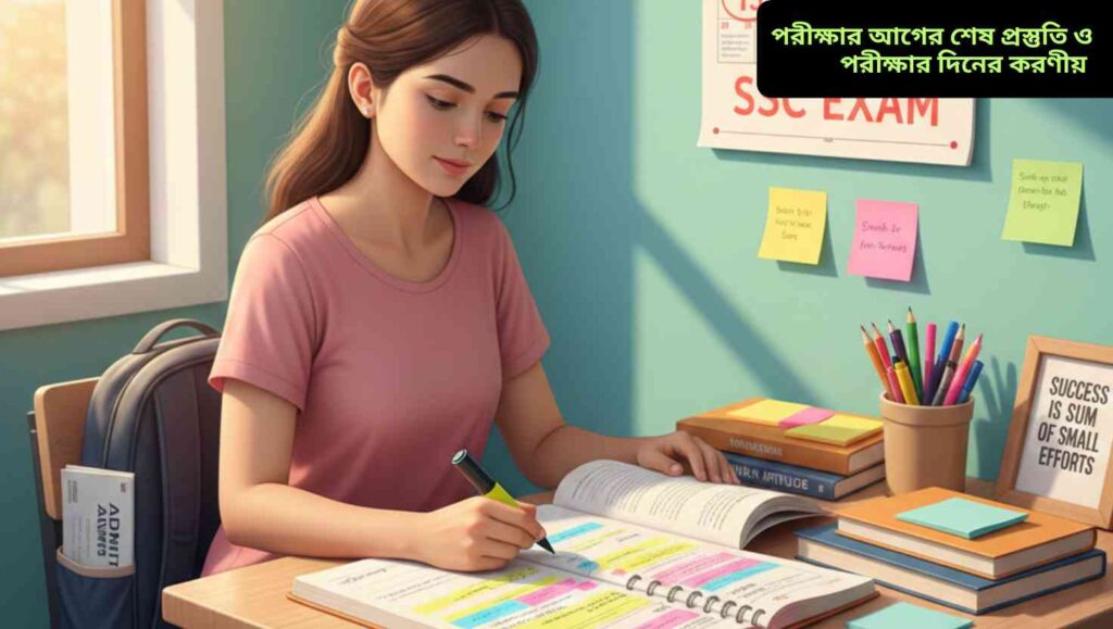 "পরীক্ষার প্রস্তুতির জন্য একটি শিক্ষার্থীর ছবি, যার ডেক্সে বই, স্মার্ট নোট এবং স্টেশনারি সাজানো। ক্যালেন্ডারে পরীক্ষার তারিখ চিহ্নিত। শিক্ষার্থী মনোযোগ দিয়ে প্রস্তুতি নিচ্ছে, ব্যাগে অ্যাডমিট কার্ড প্রস্তুত।"