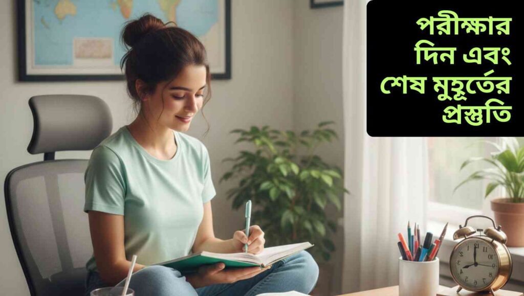 "এসএসসি পরীক্ষার প্রস্তুতির জন্য শান্তভাবে নোট রিভাইজ করছে একজন শিক্ষার্থী, ডেস্কে ঘড়ি, নোটবুক, কলম এবং পুষ্টিকর নাশতা।"