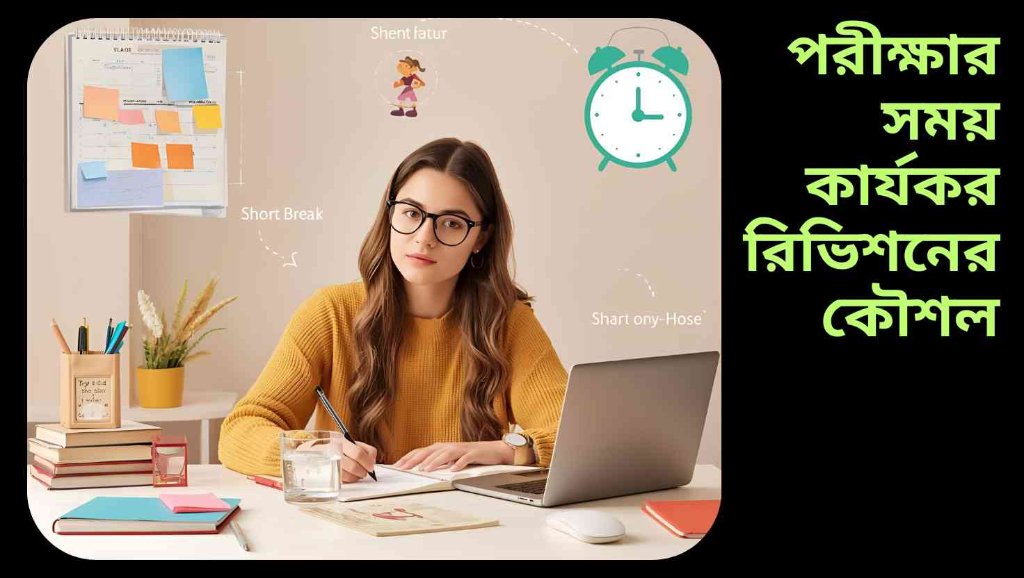 পরীক্ষার সময় কার্যকর রিভিশনের জন্য পরিকল্পিত স্টাডি ডেস্ক, বই, নোটবুক, ফ্ল্যাশকার্ড এবং পরিকল্পনা ক্যালেন্ডারসহ মনোযোগী শিক্ষার্থী।