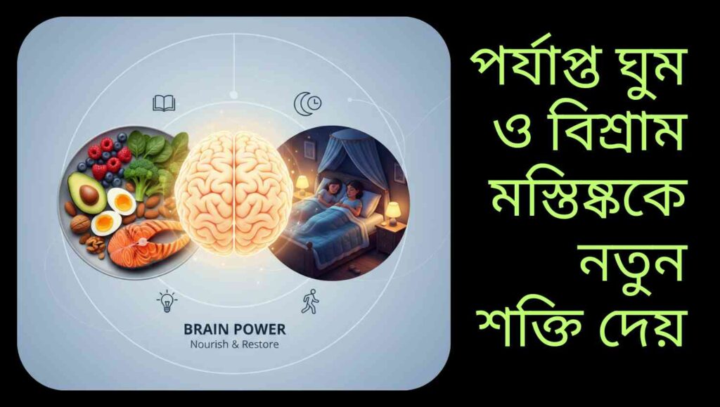 মস্তিষ্কের ক্ষমতা বাড়ানোর জন্য স্বাস্থ্যকর খাবার, ধ্যান, পড়াশোনা, খেলাধুলা এবং বিশ্রামের মাধ্যমে মস্তিষ্ক সক্রিয় ও শক্তিশালী হওয়ার ধারণামূলক ছবি