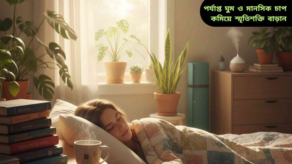 একটি যুবক শান্তভাবে ঘুমাচ্ছে, ঘরে সূর্যের আলো পড়ছে, পাশে বই ও একটি বন্ধ মোবাইল রাখা আছে, যা স্মৃতি উন্নতি এবং চাপ কমানোর গুরুত্ব দেখাচ্ছে।