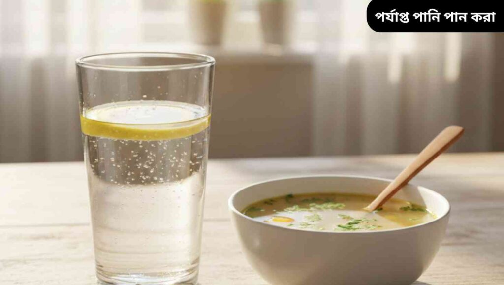 "লিভারের স্বাস্থ্য ও হজম শক্তি বৃদ্ধির জন্য পানি পান করা গুরুত্বপূর্ণ, কাঁচা লেবুর সঙ্গে একটি গ্লাস পানি এবং হালকা স্যুপের দৃশ্য।"