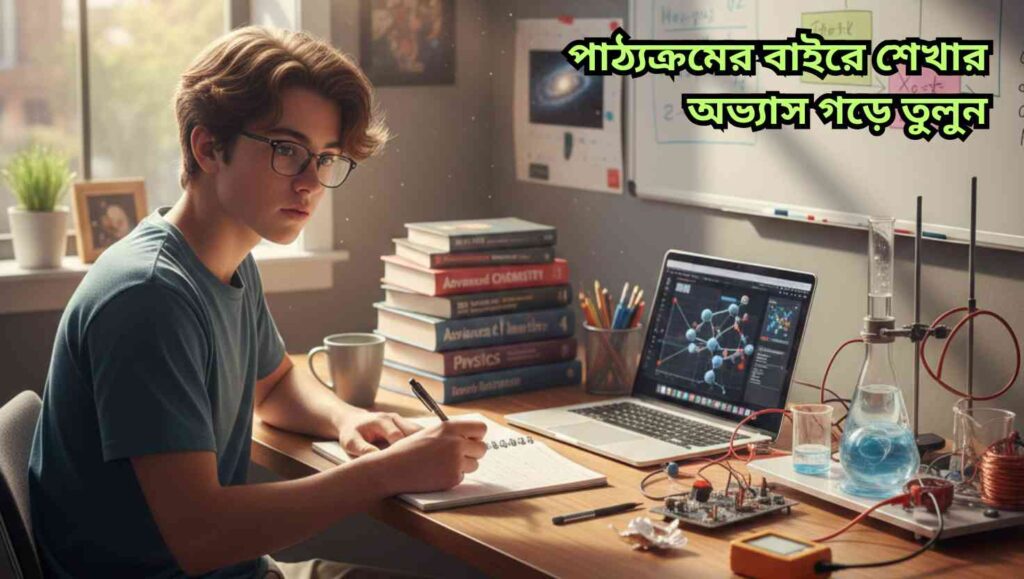 "একজন শিক্ষার্থী বাড়িতে পড়াশোনা করছে, বই, ল্যাপটপ এবং বিজ্ঞান প্রকল্পের সামগ্রী দিয়ে ঘরটি সাজানো, শিক্ষার্থীর মুখে আগ্রহ ও মনোযোগ দেখা যাচ্ছে।"
