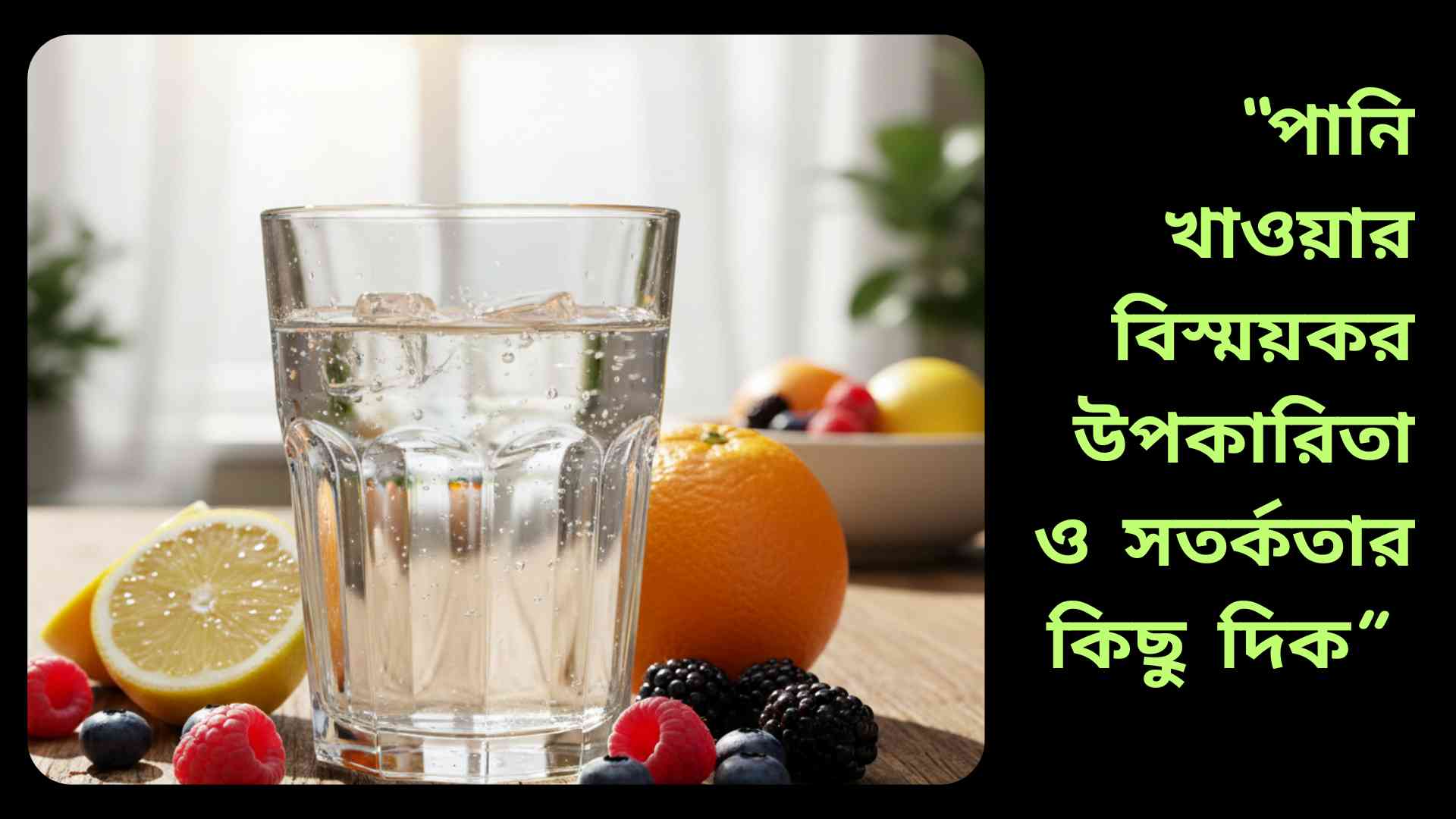একটি পরিষ্কার গ্লাস পানি, পাশে তাজা লেবু ও ফল, স্বাস্থ্য ও সতেজতার প্রতীক।