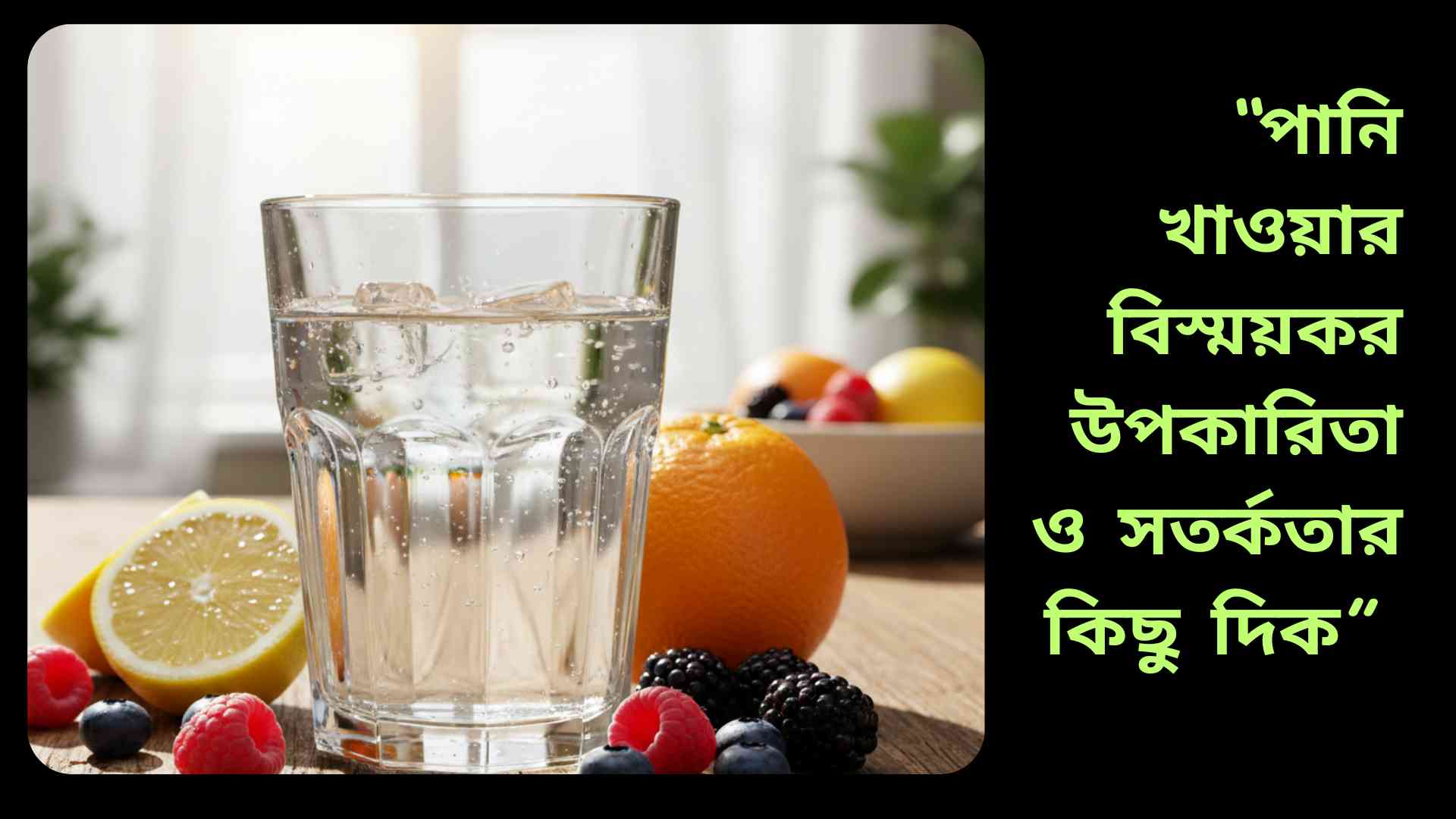 একটি পরিষ্কার গ্লাস পানি, পাশে তাজা লেবু ও ফল, স্বাস্থ্য ও সতেজতার প্রতীক।