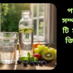 একটি গ্লাস স্বচ্ছ পানি, পাশে ফল এবং বোতল, স্বাস্থ্য ও সতেজতা প্রতিফলিত করছে।