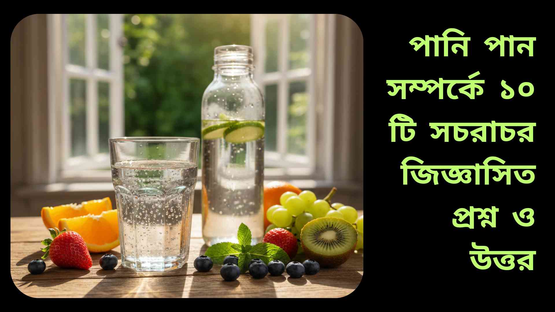 একটি গ্লাস স্বচ্ছ পানি, পাশে ফল এবং বোতল, স্বাস্থ্য ও সতেজতা প্রতিফলিত করছে।