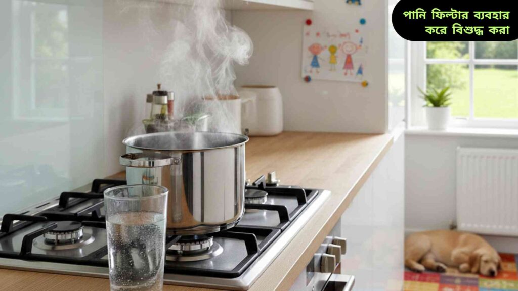 ঘরে পানি বিশুদ্ধ করার জন্য পানি ফিল্টারের মাধ্যমে পানি ঢালা হচ্ছে, স্বচ্ছ ও পরিষ্কার পানি।