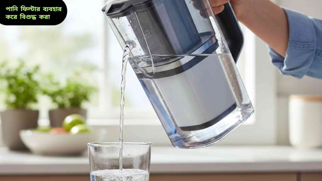 ঘরে পানি বিশুদ্ধ করার জন্য পানি ফিল্টারের মাধ্যমে পানি ঢালা হচ্ছে, স্বচ্ছ ও পরিষ্কার পানি।