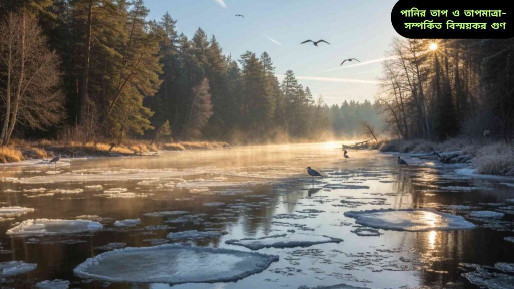 সূর্যের আলোয় নদীর জল, তলে ভেসে থাকা বরফ এবং হালকা বাষ্পের মধ্য দিয়ে প্রকৃতির তাপ ও শীত সংরক্ষণের বৈশিষ্ট্য দেখাচ্ছে।