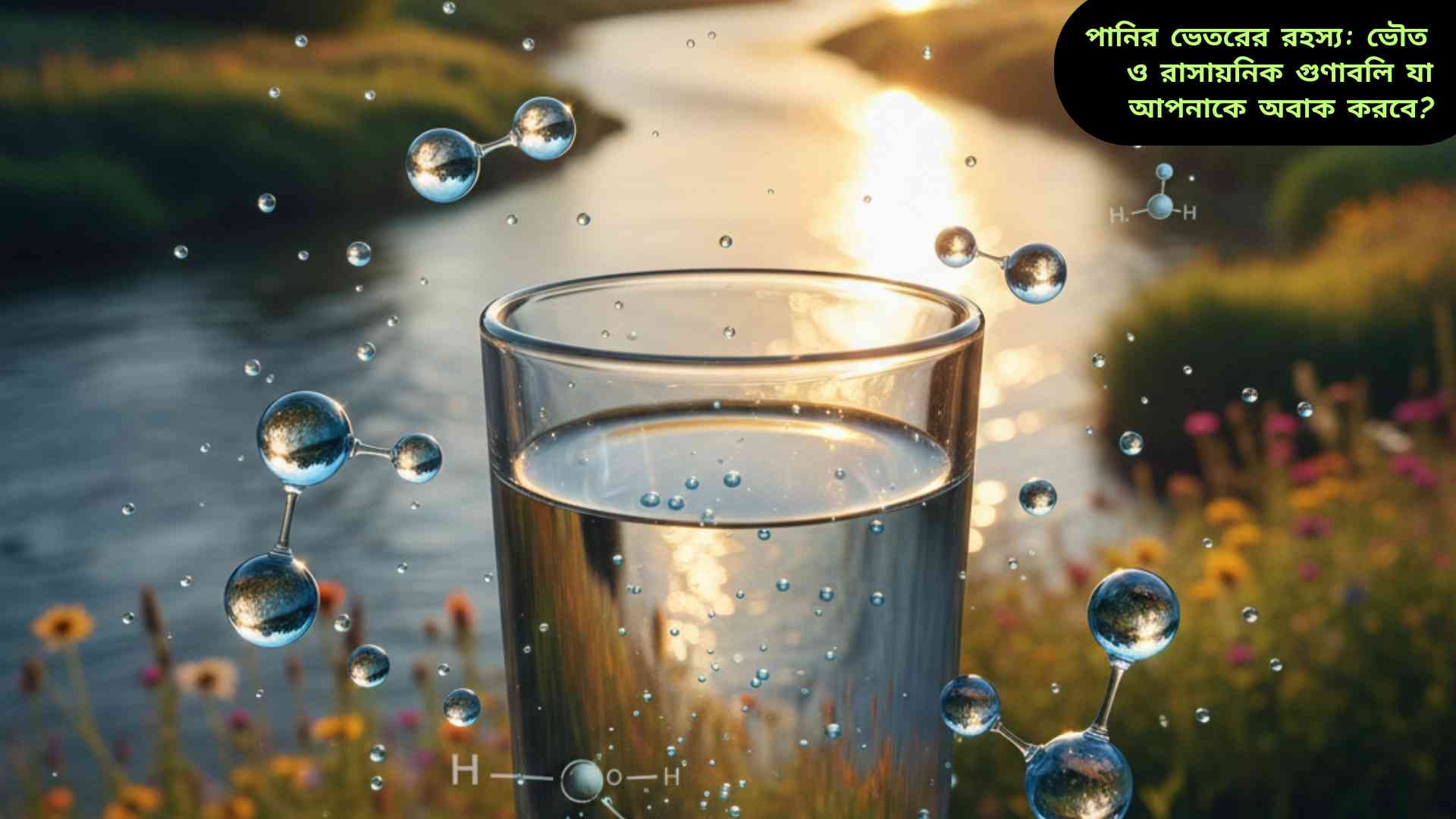 দৈনন্দিন জীবন ও পরিবেশে পানির গুরুত্ব প্রদর্শনকারী বাস্তবচিত্র; পানির মাধ্যমে খাদ্য প্রস্তুতি, উদ্ভিদ, নদী এবং স্বাস্থ্য সংক্রান্ত দৃশ্য।