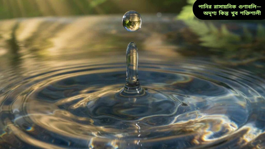 পানি একটি স্বচ্ছ বিন্দুতে পড়ছে, যা তার রাসায়নিক বৈশিষ্ট্য ও শক্তিকে প্রকাশ করছে।