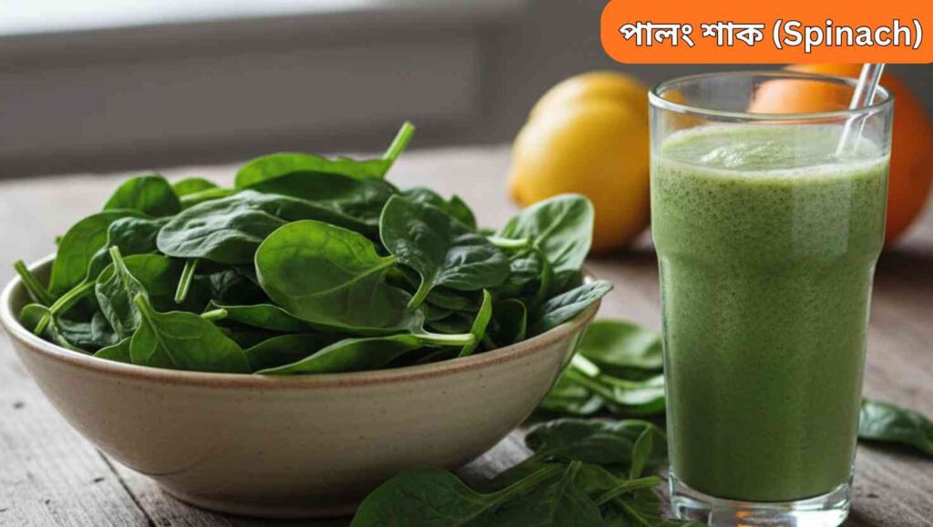 "কাঁচা পালং শাকের বাস্তব চিত্র, একটি পাত্রে রাখা এবং পাশের একটি গ্লাস পালং শাকের স্মুদি, পেছনে লেবু এবং কমলার দৃশ্য, স্বাস্থ্য ও পুষ্টি নির্দেশ করছে।"