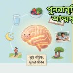 মস্তিষ্কের শক্তি বৃদ্ধির ধারণামূলক ছবি যেখানে স্বাস্থ্যকর খাবার, পড়াশোনা, ধ্যান, খেলাধুলা ও বিশ্রামের মাধ্যমে মস্তিষ্ক সক্রিয় দেখানো হয়েছে