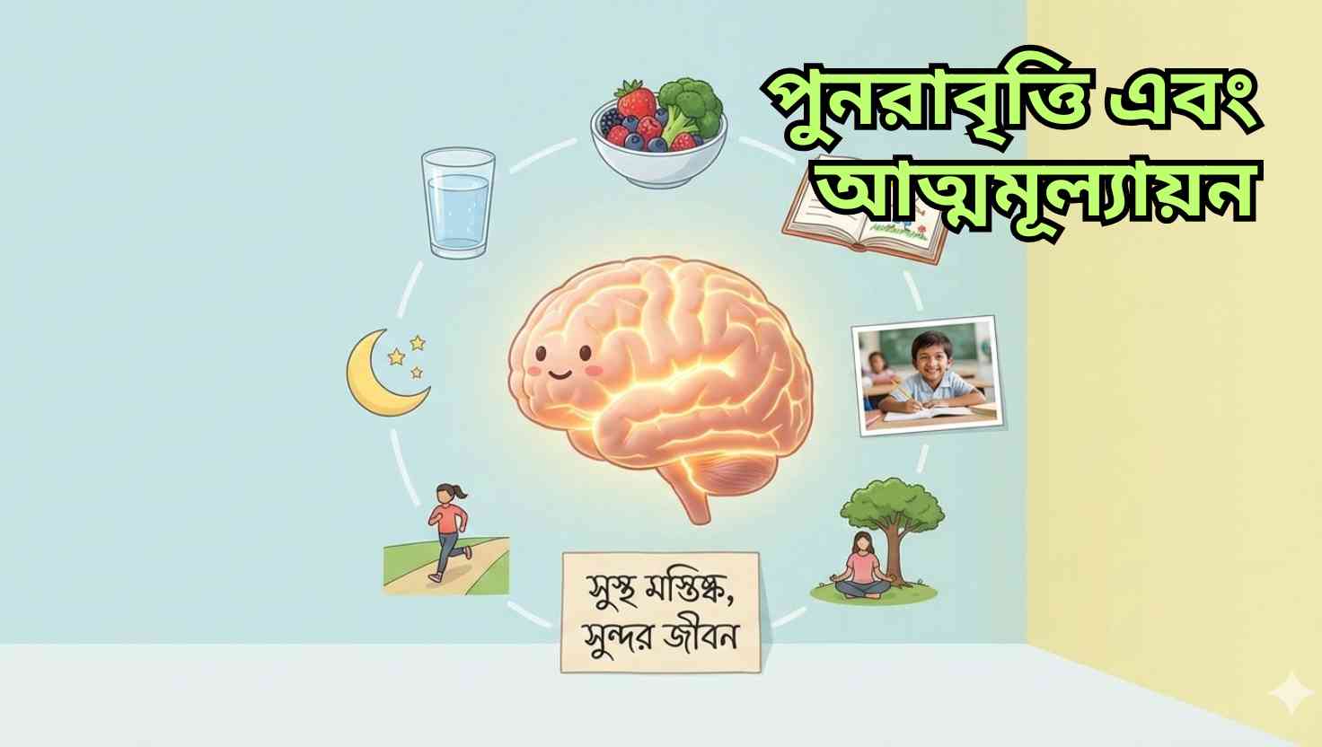 মস্তিষ্কের শক্তি বৃদ্ধির ধারণামূলক ছবি যেখানে স্বাস্থ্যকর খাবার, পড়াশোনা, ধ্যান, খেলাধুলা ও বিশ্রামের মাধ্যমে মস্তিষ্ক সক্রিয় দেখানো হয়েছে