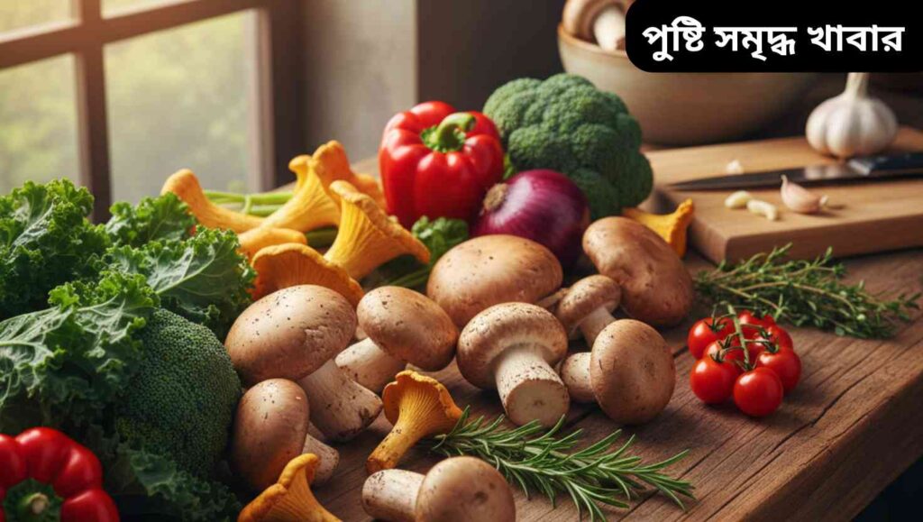 "সুস্বাদু এবং পুষ্টিকর মাশরুম, যা একটি স্বাস্থ্যকর এবং তাজা খাবারের ধারণা উপস্থাপন করছে।"