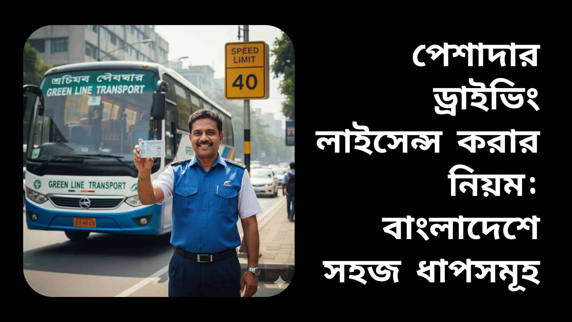 বাংলাদেশি পেশাদার ড্রাইভার, লাইসেন্স সহ, ট্রাকের পাশে দাঁড়ানো, সড়ক নিরাপত্তা ও ট্রাফিক আইন অনুসরণ করছে।