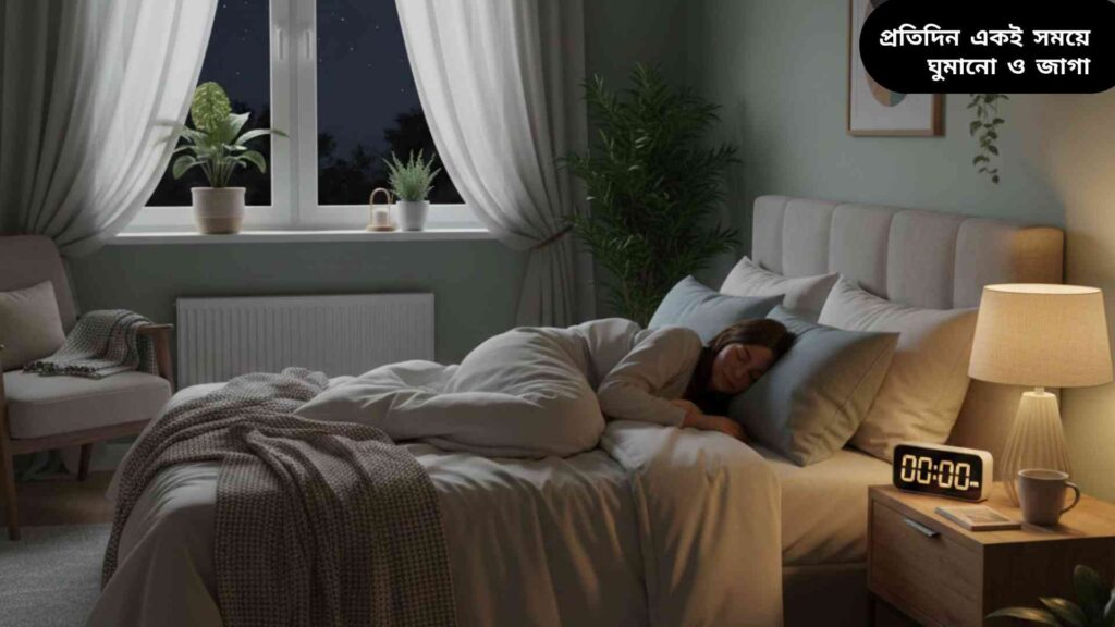 একজন ব্যক্তি আরামদায়ক বিছানায় শান্তিপূর্ণভাবে ঘুমাচ্ছে, ঘড়ি দেখাচ্ছে নির্দিষ্ট সময়ে ঘুমানোর নিয়ম।