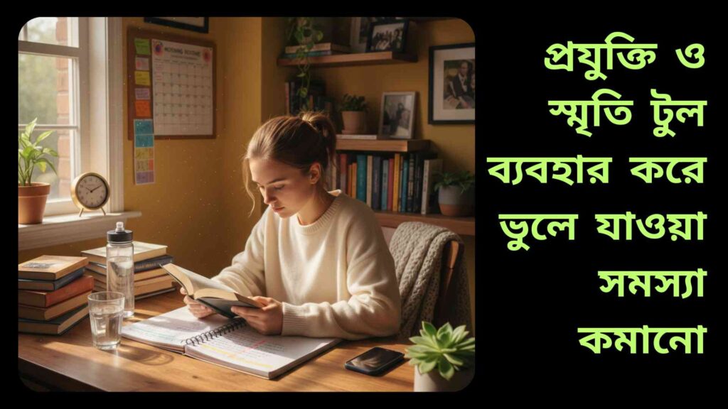 একজন ব্যক্তি উজ্জ্বল ঘরে ডেস্কে বসে নোট লিখছে এবং পড়ছে, পাশে একটি গ্লাস পানি এবং ঘড়ি, যা স্মৃতিশক্তি বাড়ানোর দৈনন্দিন অভ্যাস প্রদর্শন করছে।
