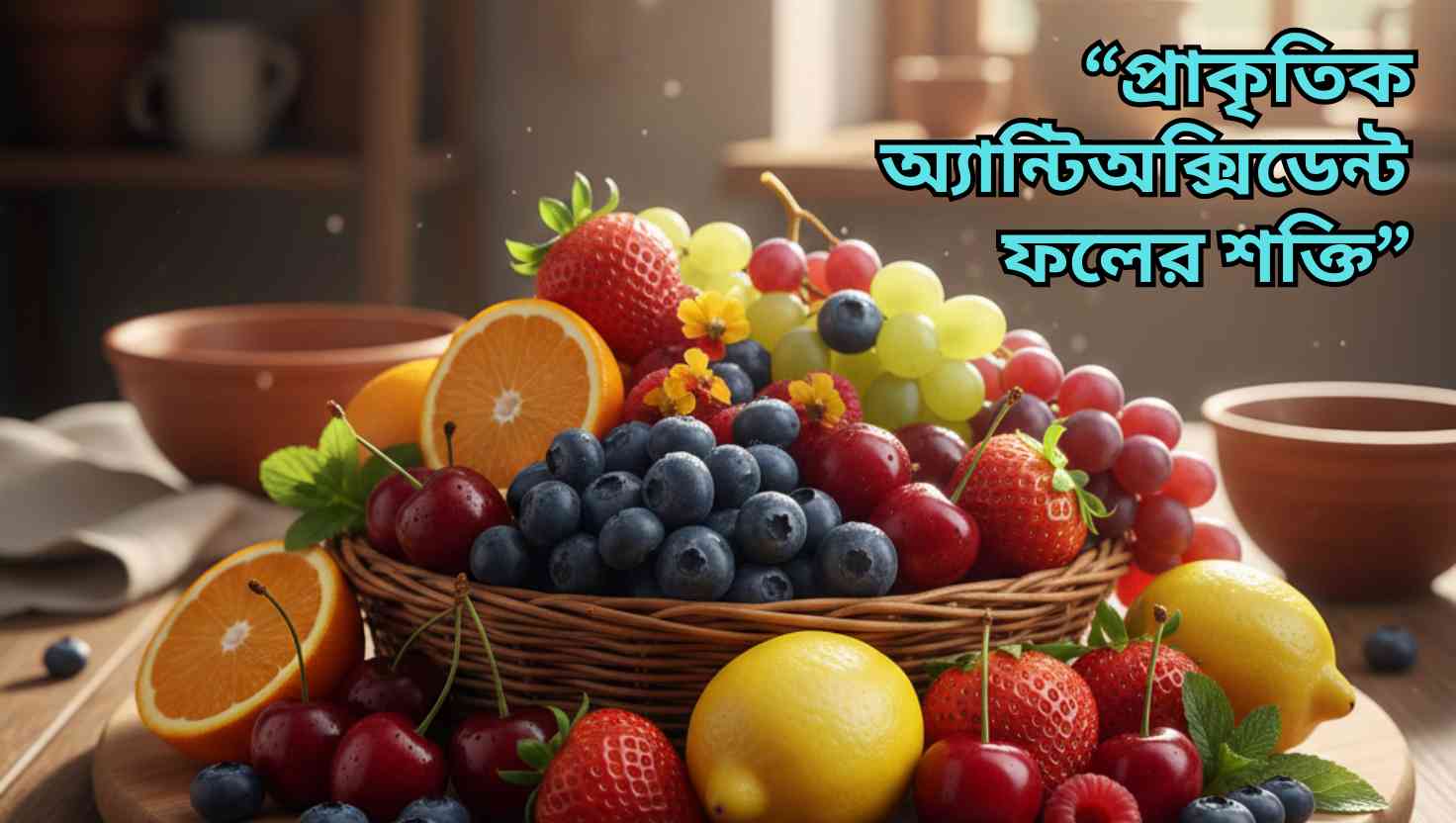 “প্রাকৃতিক অ্যান্টিঅক্সিডেন্ট ফলের বৈচিত্র্যময় ঝুড়ি, যেমন ব্লুবেরি, স্ট্রবেরি, আঙ্গুর, চেরি, কমলা ও লেবু, যা স্বাস্থ্য এবং সুস্থতা নির্দেশ করে।”