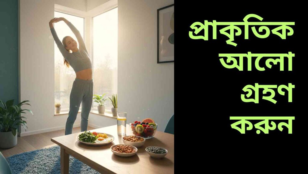 সকালে খোলা জানালার পাশে দাঁড়িয়ে সূর্যের আলো গ্রহণ করছে একজন ব্যক্তি, যা ঘুমভাব দূর করে সতেজতা এনে দিচ্ছে