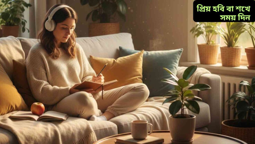 "একজন নারী তার প্রিয় শখে ব্যস্ত, ঘরে আরামদায়ক পরিবেশে বসে বই পড়ছে বা ছবি আঁকছে, শান্তি ও আনন্দ উপভোগ করছে।"