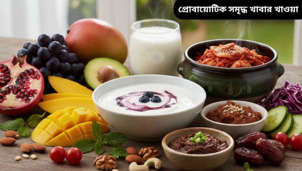 "প্রোবায়োটিক সমৃদ্ধ খাবার যেমন দই, কেফির, কিমচি, মিসো, ফ্রেশ ফল ও সবজি নিয়ে সুস্থ খাদ্য পরিবেশন।"