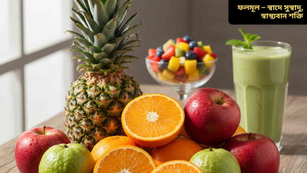 রঙিন ও সুস্বাদু ফলের একটি বৈচিত্র্যময় সেট, যেমন কমলা, আনারস, আপেল এবং পেয়ারা, যা স্বাস্থ্য এবং শক্তি বৃদ্ধি করে।