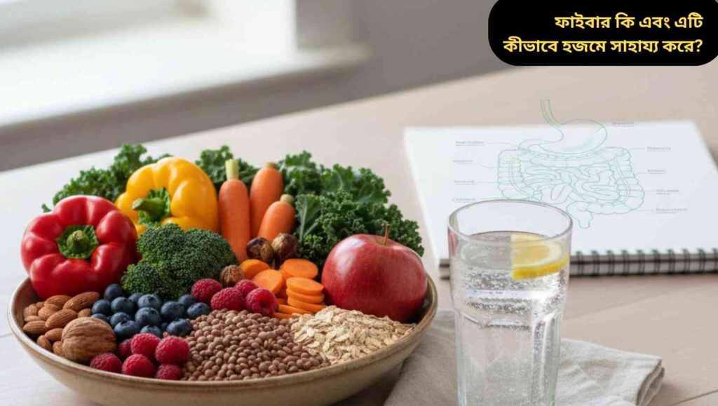 ফাইবারসমৃদ্ধ খাবার ও এক গ্লাস পানির বাস্তব ছবি, যা হজম ও কোষ্ঠকাঠিন্য উপশমে সহায়তার বার্তা দেয়।