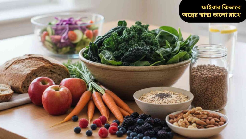 উচ্চ-ফাইবারযুক্ত সবজি, ফল, বাদাম, ডাল এবং পুরো শস্যের বাস্তবসম্মত ছবি যা অন্ত্রের স্বাস্থ্য ও হজম প্রক্রিয়া উন্নত করতে সহায়তা করে।