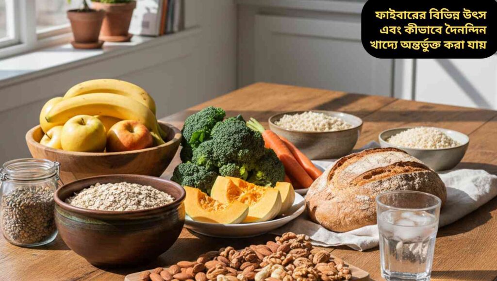 ফাইবারসমৃদ্ধ খাবারসহ একটি বাস্তব রান্নাঘরের টেবিল—ফল, শাকসবজি, ওটস, বাদাম ও ব্রাউন রাইস সাজানো রয়েছে।