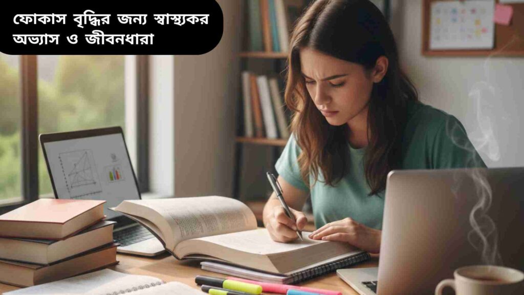 একটি শিক্ষার্থী মনোযোগ দিয়ে বই পড়ছে এবং নোট নিচ্ছে, যা মনোযোগ এবং স্ট্র্যাটেজিক স্টাডি নির্দেশ করে।