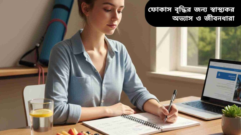 একজন মনোযোগী ছাত্র স্বাস্থ্যকর খাবার, পানি এবং সুস্থ জীবনযাত্রার মধ্যে পড়াশোনা করছে