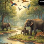 "বাংলাদেশের প্রাকৃতিক বন ও নদীর পরিবেশে বন্যপ্রাণী যেমন বাঘ, হাতি, হরিণ, বানর ও পাখি স্বাভাবিক অবস্থায় থাকা একটি রিয়েলিস্টিক ছবি।"