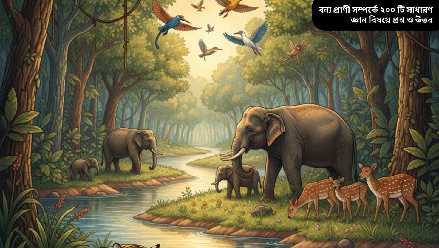 "বাংলাদেশের প্রাকৃতিক বন ও নদীর পরিবেশে বন্যপ্রাণী যেমন বাঘ, হাতি, হরিণ, বানর ও পাখি স্বাভাবিক অবস্থায় থাকা একটি রিয়েলিস্টিক ছবি।"