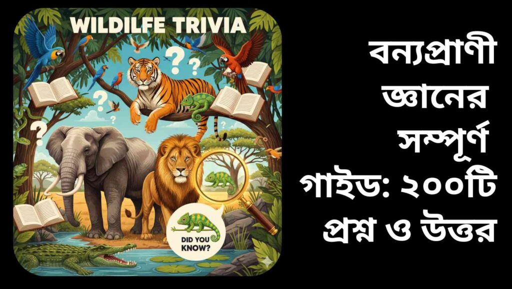 "বন্যপ্রাণী জ্ঞানের সম্পূর্ণ গাইড: ২০০টি প্রশ্ন ও উত্তর, শিক্ষার্থীদের জন্য বন্যপ্রাণীর প্রজাতি, খাদ্যাভ্যাস, আবাসস্থান এবং সংরক্ষণ সম্পর্কে বিস্তারিত তথ্য।"