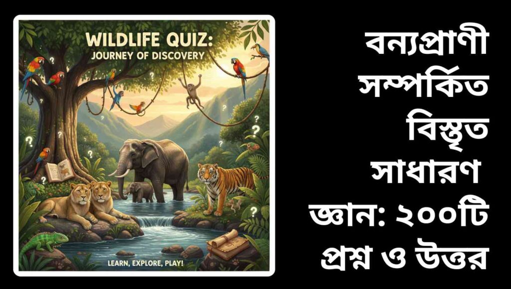 "বন্যপ্রাণী সম্পর্কিত বিস্তৃত সাধারণ জ্ঞান: ২০০টি প্রশ্ন ও উত্তর, যা শিক্ষার্থীদের বন্যপ্রাণী, তাদের প্রজাতি এবং সংরক্ষণ সম্পর্কে জ্ঞান বৃদ্ধি করে।"