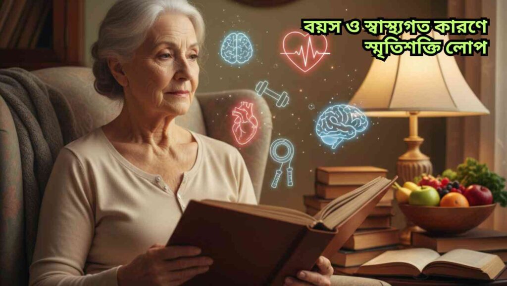 বৃদ্ধ বয়সের একজন ব্যক্তি স্মৃতি সম্পর্কিত চিন্তায়, চারপাশে স্বাস্থ্য এবং মস্তিষ্কের প্রতীক যেমন মস্তিষ্কের আইকন, হৃদয়, স্বাস্থ্যকর খাবার, ব্যায়াম এবং বই।