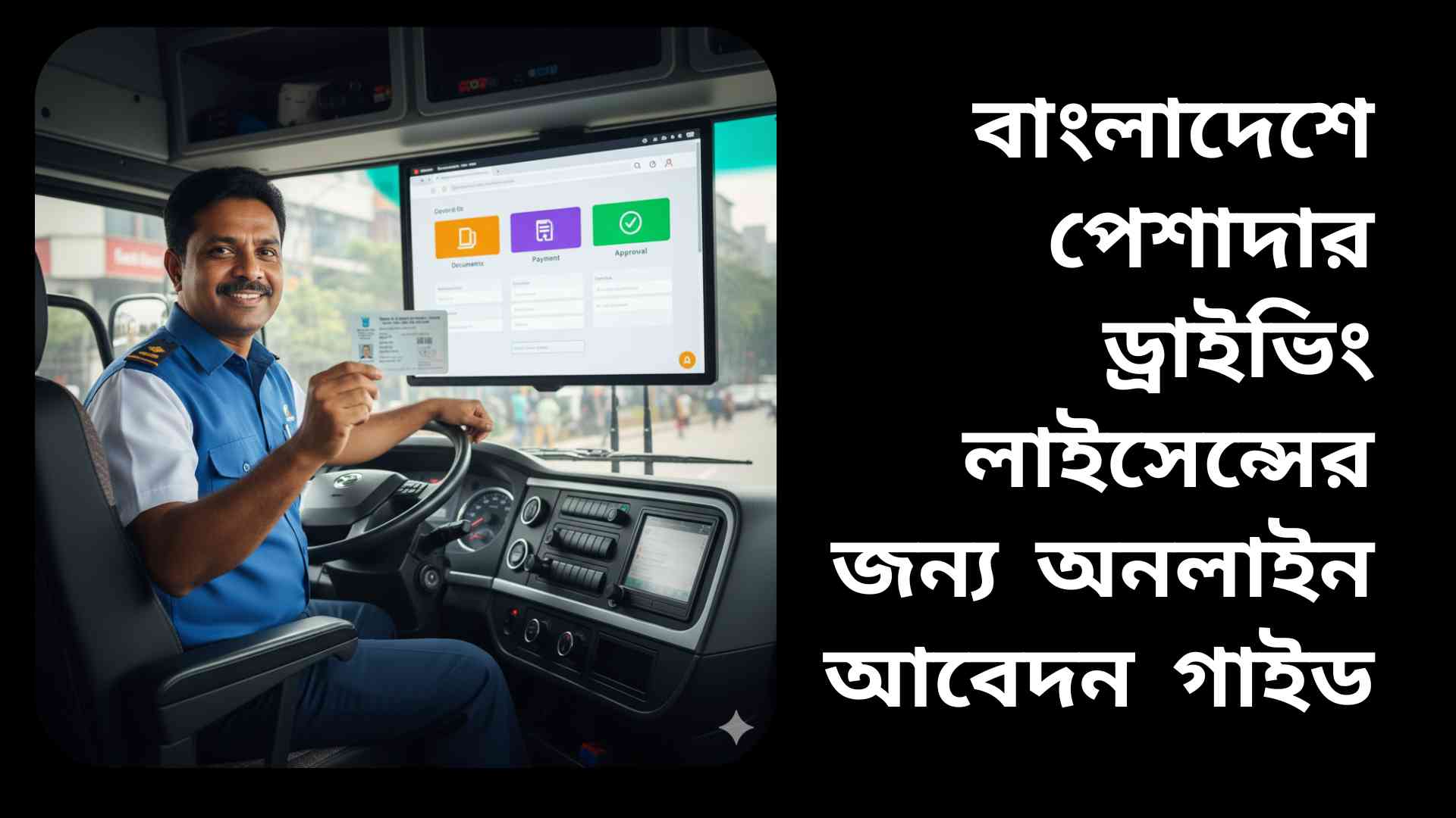 বাংলাদেশে পেশাদার ড্রাইভিং লাইসেন্সের জন্য অনলাইন আবেদন প্রক্রিয়ার ইলাস্ট্রেশন, যেখানে একজন ড্রাইভার তার লাইসেন্স ধরছেন এবং অনলাইন ফর্ম ও ডকুমেন্ট আইকন দেখা যাচ্ছে।