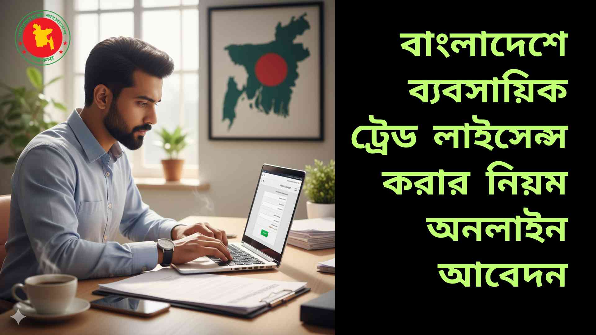 বাংলাদেশে একজন উদ্যোক্তা ডেস্কে বসে ল্যাপটপ ব্যবহার করে ব্যবসায়িক ট্রেড লাইসেন্সের জন্য অনলাইন আবেদন করছেন।