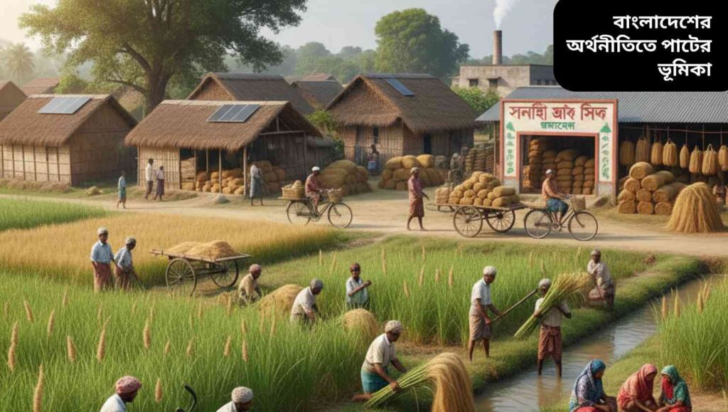 বাংলাদেশের উর্বর মাঠে লম্বা সবুজ পাটের গাছ, যেগুলি সূর্যের আলোয় সোনার মতো দীপ্তিময় দেখাচ্ছে।