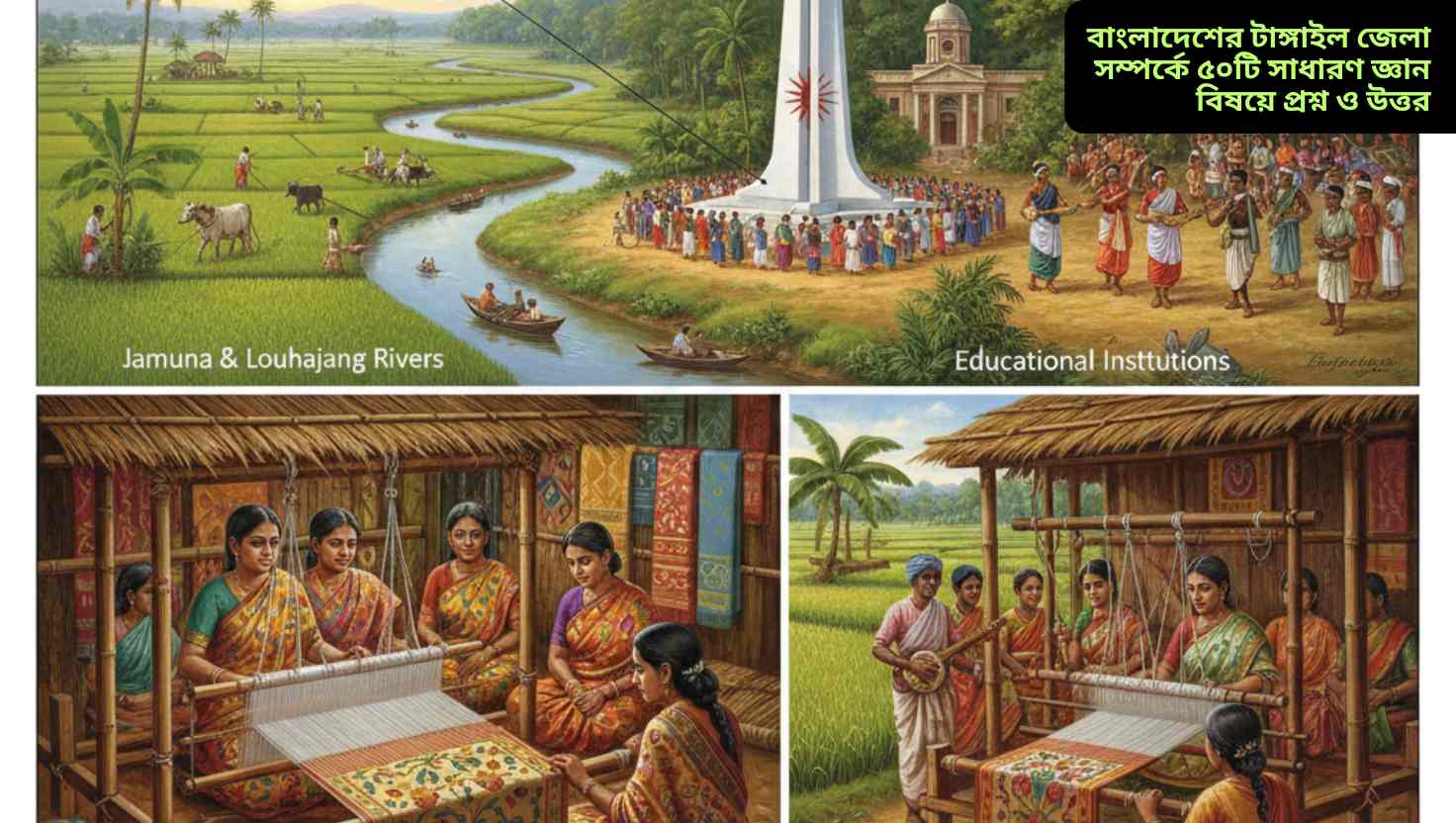 টাঙ্গাইল জেলার কৃষি, নদী, প্রাকৃতিক বনভূমি, জামদানি শাড়ি ও সাংস্কৃতিক ঐতিহ্য প্রদর্শনকারী বাস্তবসম্মত চিত্র।
