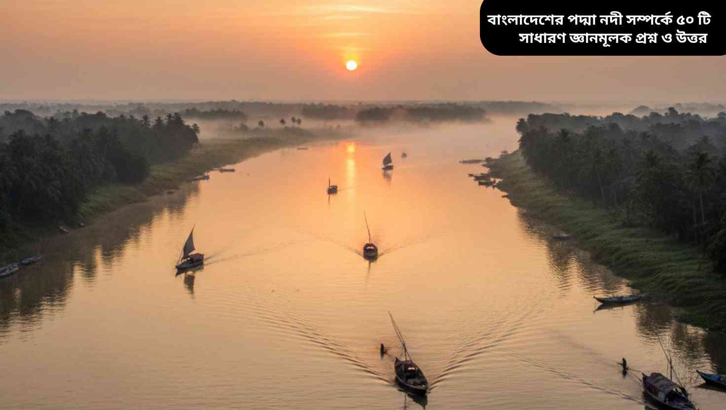 পদ্মা নদীর প্রাকৃতিক দৃশ্য, সূর্যোদয়ের সময় পানি, সবুজ তীর, এবং মাছ ধরা নৌকা।