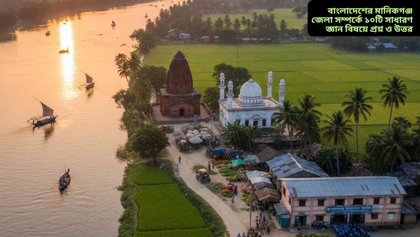 মানিকগঞ্জ জেলার বাস্তব দৃশ্য, পদ্মা নদী, ধানক্ষেত, শিবালয় মন্দির এবং স্থানীয় জীবন সহ।